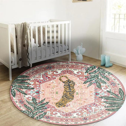 Washable Pink Rugs Thin Oriental Boho Vintage Cute Tropical Leopard 6ft Round - Image 2