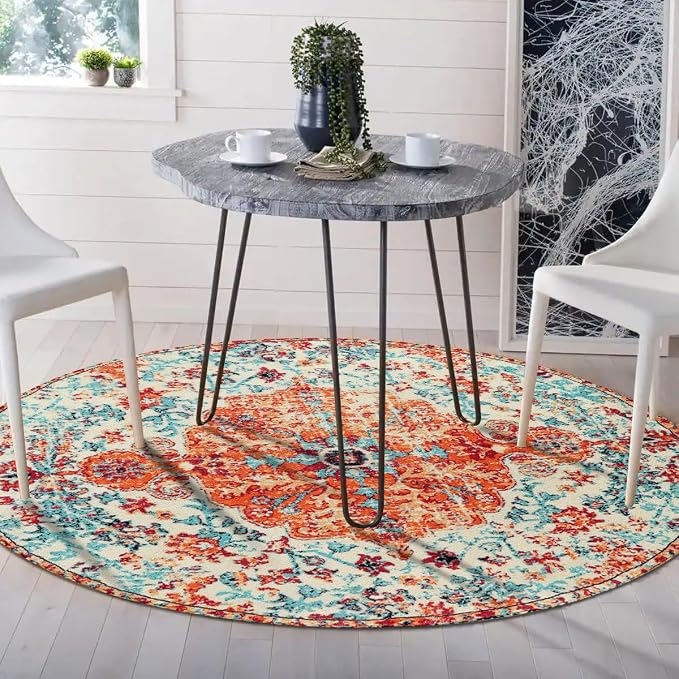 Lahome Bohemian Floral Medallion Round Rug - 4Ft Soft Bedroom Area Rug Oriental - Image 8