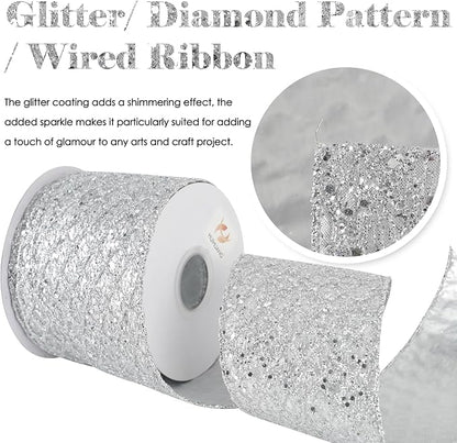 HUIHUANG Silver Christmas Ribbon 4 inch Silver Glitter Wired Ribbon Diamond - Image 2