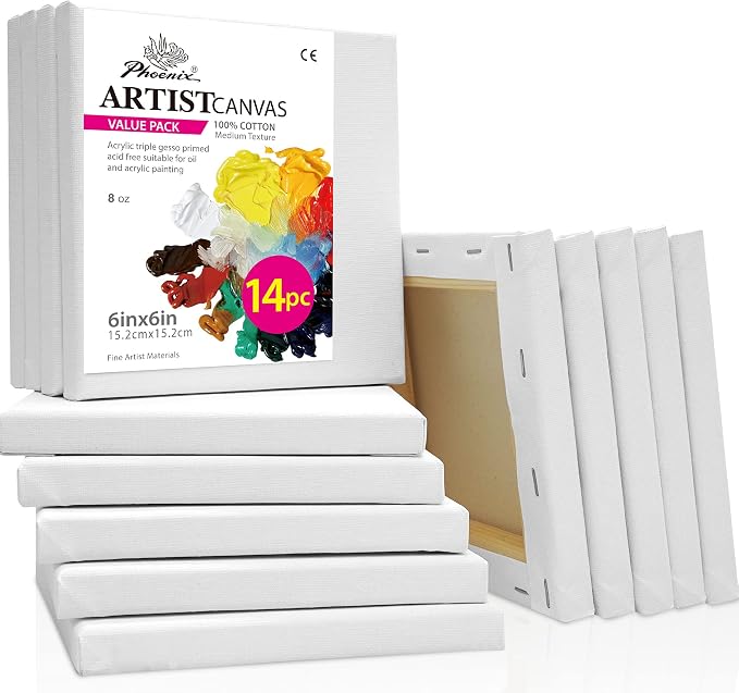 PHOENIX Small Stretched Canvas for Painting 6x6 Inch/14 Bulk Pack, 8 Oz Triple by PHOENIX