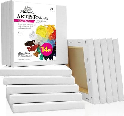 PHOENIX Small Stretched Canvas for Painting 6x6 Inch/14 Bulk Pack, 8 Oz Triple by PHOENIX