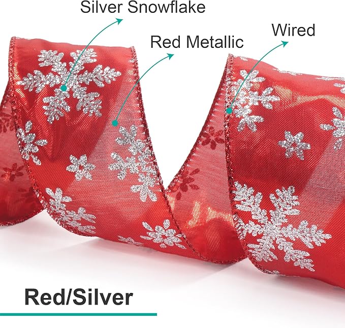 CT CRAFT LLC Red Metallic with Silver Glitter Snowflake Wired Ribbon 2.5 Inch x - Image 3