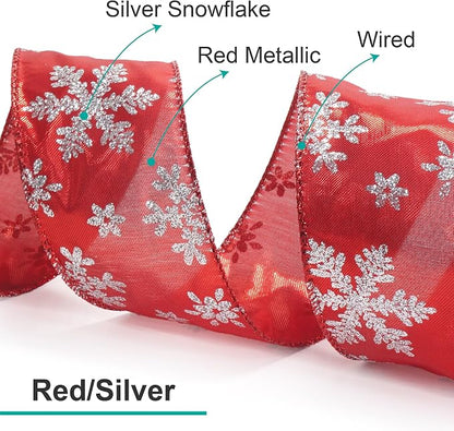 CT CRAFT LLC Red Metallic with Silver Glitter Snowflake Wired Ribbon 2.5 Inch x - Image 3