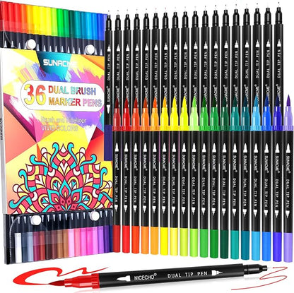 36 Dual Brush Marker Pens, 36 Colors Art Marker Set by sunacme