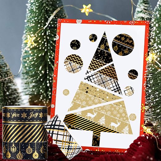 Whaline 12 Rolls Christmas Washi Tape Black Gold Xmas Washi Masking Tape Foil - Image 6