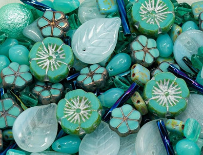 2.1oz Mix of Unique Czech Bohemia Glass Pressed Beads, Opaque Turquoise Green - Image 5