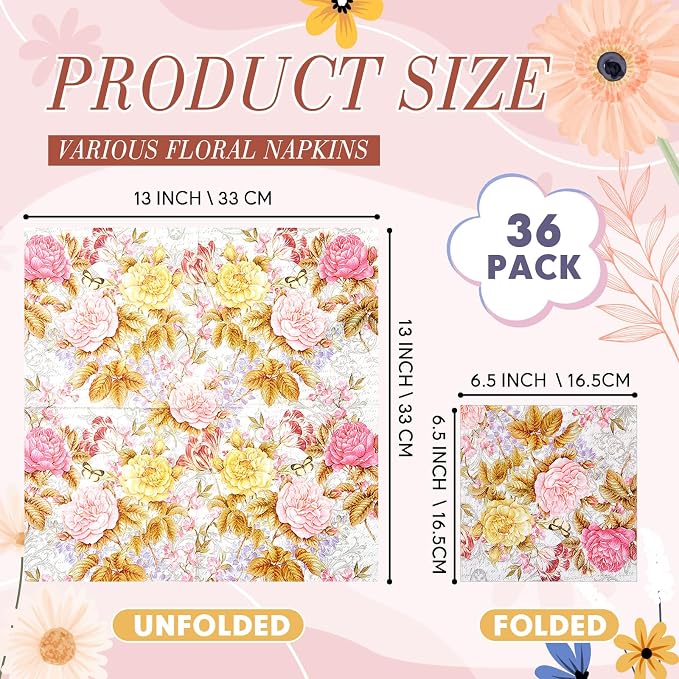 Crtiin 36 Pack 9 Styles Decoupage Napkins Assorted Floral Decorative Decoupage - Image 3