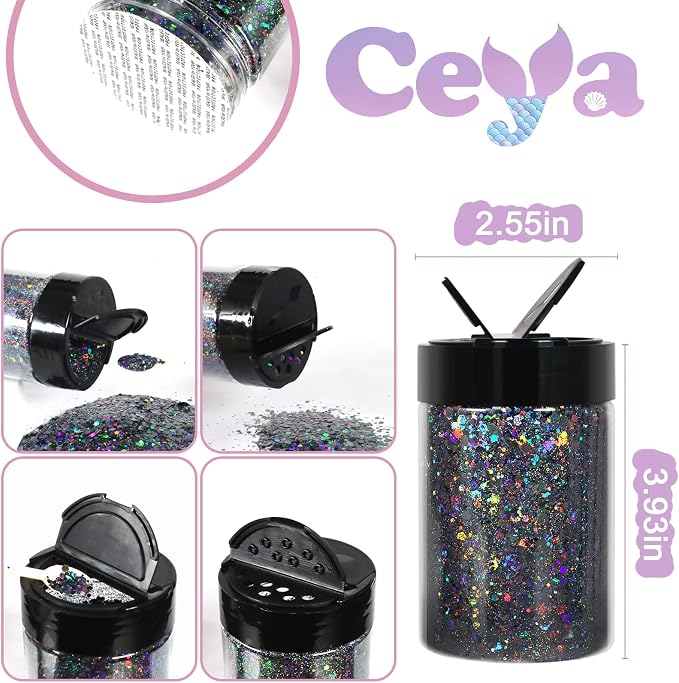 Ceya Holographic Chunky Glitter, 4.9oz/ 140g Silver Grey Craft Glitter Powder - Image 4