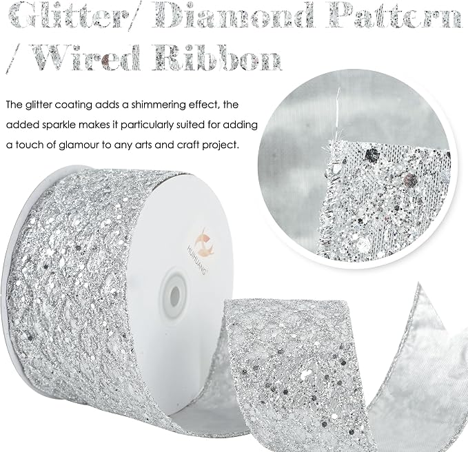 HUIHUANG Silver Glitter Wired Ribbon - Image 2