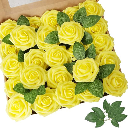 AmyHomie Artificial Flower Yellow Rose 25pcs Real Looking Fake Roses w/Stem by AmyHomie