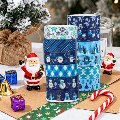 12 Rolls Winter Washi Tape Set Blue White Snowflake Snowman Holiday Masking - Image 6