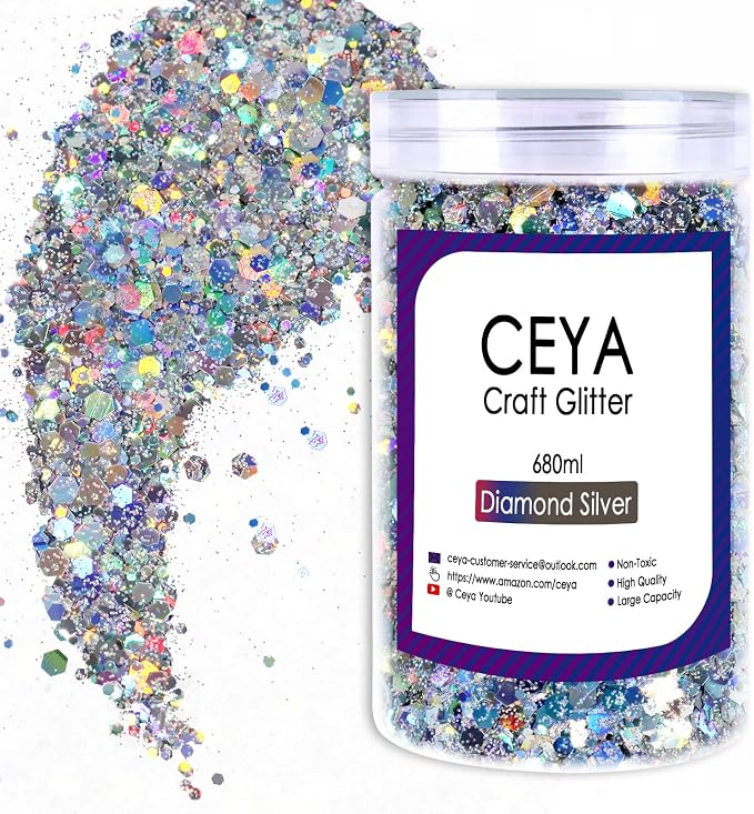 Ceya Holographic Chunky Glitter, 1 LB/ 16OZ Laser Diamond Silver Bulk Craft by CEYA