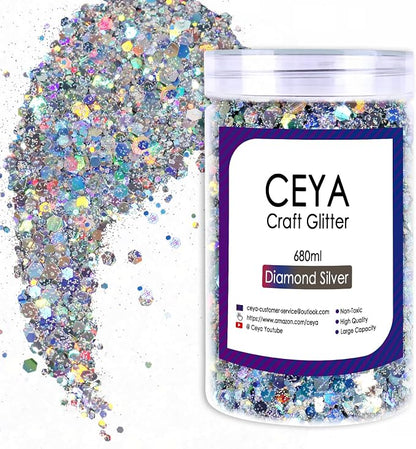 Ceya Holographic Chunky Glitter, 1 LB/ 16OZ Laser Diamond Silver Bulk Craft by CEYA