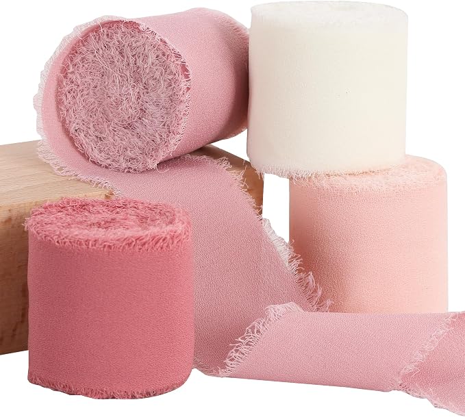 TONIFUL 4 Rolls Silk Chiffon Ribbon, 1-1/2 Inch x 22yds, Dusty Pink and Cream by TONIFUL