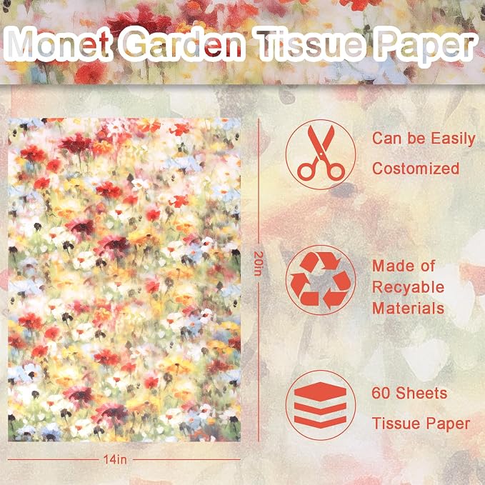 60 Sheets Monet Floral Garden Tissue Paper, 20 x 14 Inch Wildflower Monet - Image 2