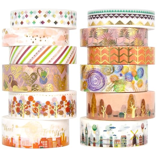 MPOPUUL Gold Foil Washi Tape Set 12 Rolls - Image 2