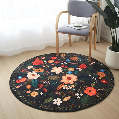 Rugcomf Round Rug 4ft Washable Circle Rug Non Slip Low Pile Boho Floral Small - Image 6
