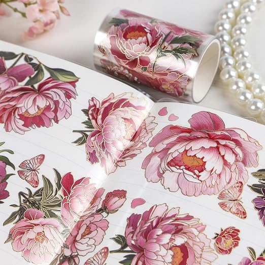 PET Tapes - Pink Flower Scrapbook Supplies, Transparent Floral Tapes - Image 7