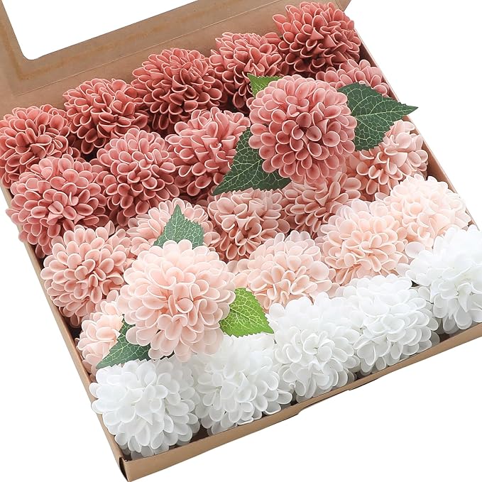Floroom Artificial Dahlia Flowers 25pcs Real Looking Dusty Rose Shades Foam by Floroom