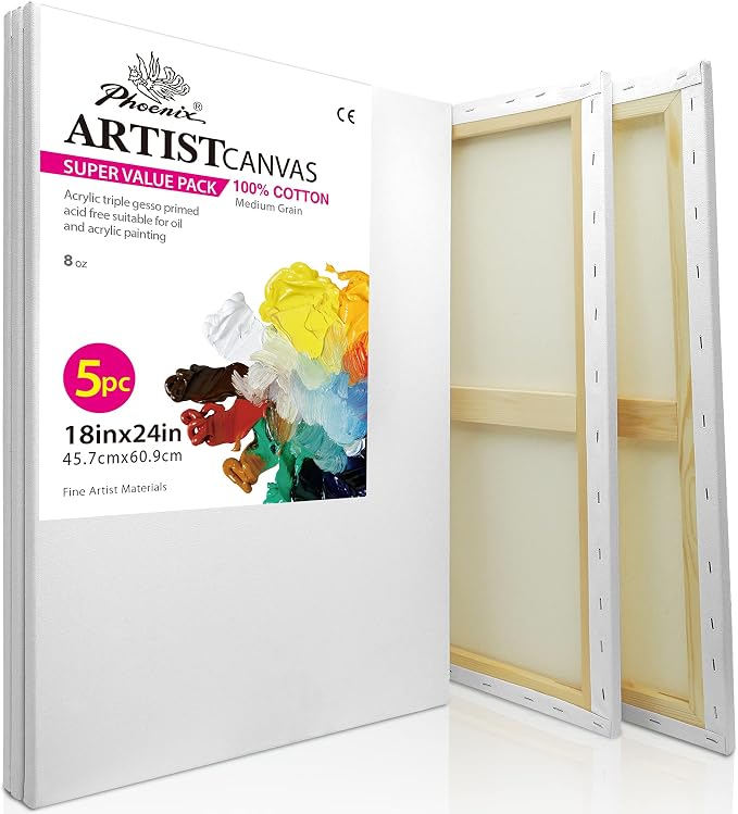 PHOENIX Large Stretched Canvas for Painting 18x24 Inch/5 Value Pack, 8 Oz by PHOENIX