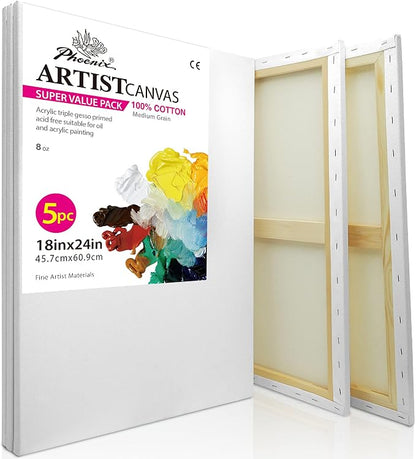 PHOENIX Large Stretched Canvas for Painting 18x24 Inch/5 Value Pack, 8 Oz by PHOENIX