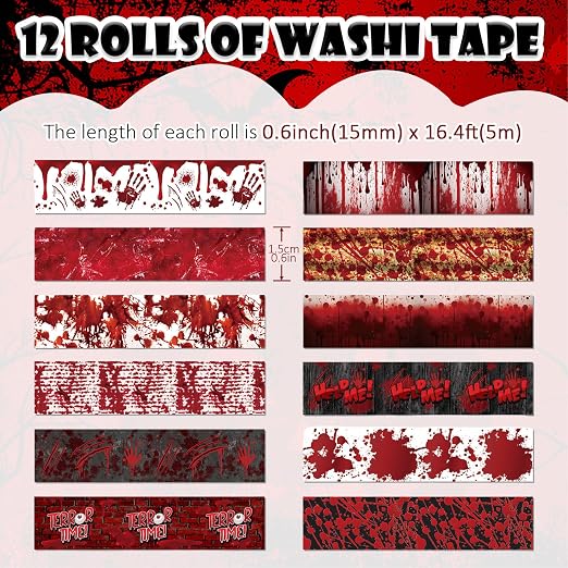 12 Rolls Halloween Washi Tape Bloody Printing Tapes Spooky Bloodstain Pattern - Image 2