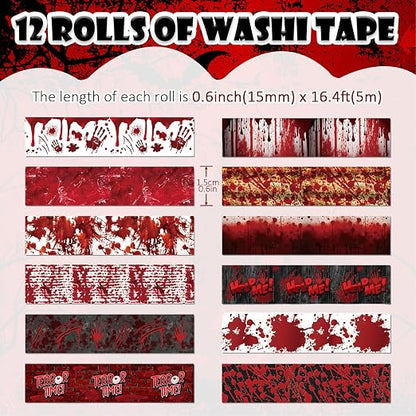 12 Rolls Halloween Washi Tape Bloody Printing Tapes Spooky Bloodstain Pattern - Image 2
