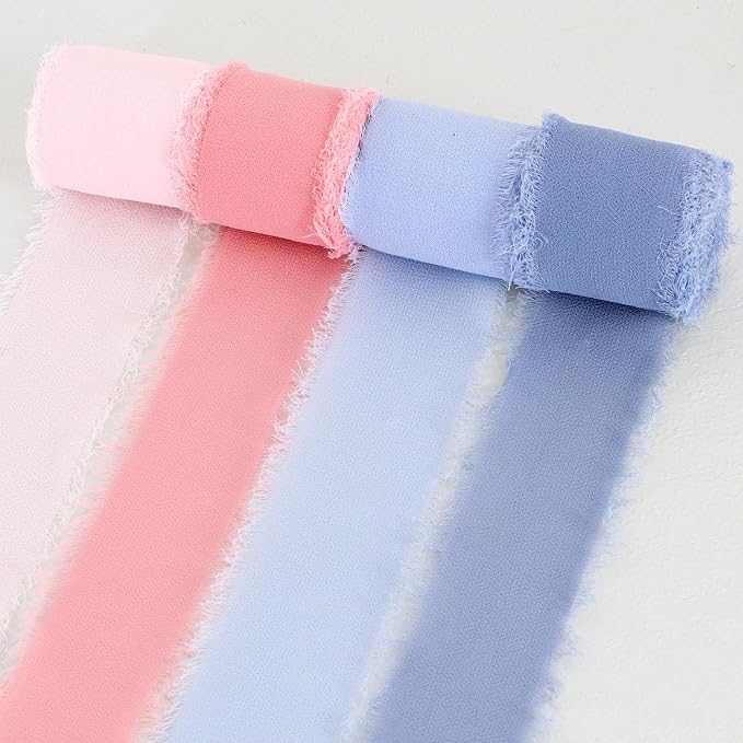 TONIFUL 4 Rolls Pink & Blue Chiffon Ribbon 1 1/2 Inch 5.5 Yards Fabric Silk - Image 3
