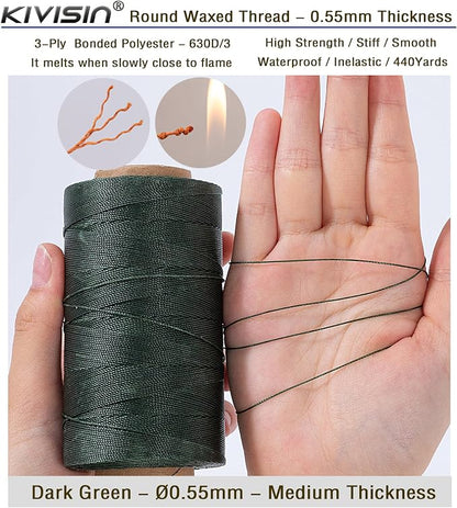 Round Waxed Polyester Thread 0.55mm, 440 Yards, Dark Green, Stiff 3 Ply Leather - Image 3