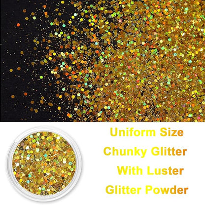 Renfio Holographic Glitter, 2.11oz/60g Medium Size Chunky Mix, Ultra Fine Gold - Image 2