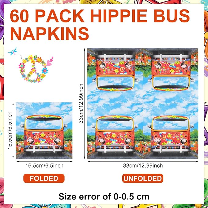 60 Pcs 60's 70's Hippie Party Cocktail Paper Napkins 6.5 x 6.5 Inches - Image 2