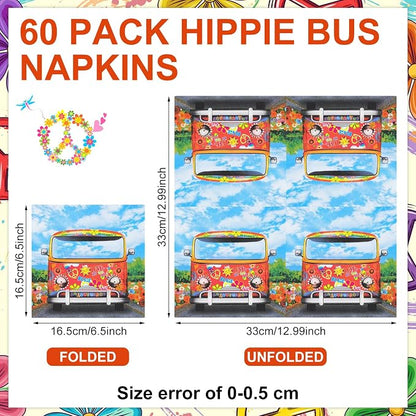 60 Pcs 60's 70's Hippie Party Cocktail Paper Napkins 6.5 x 6.5 Inches - Image 2