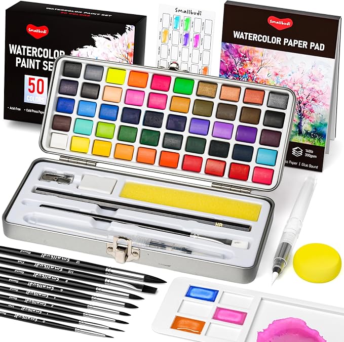 Watercolor Paint Set 50 Colors Including Metallic, Watercolor Kit by Smallbudi