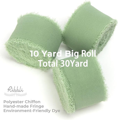 Ribbli Sage Green Chiffon Ribbon 1-1/2 inch x 30 Yard Handmade Fringe Chiffon - Image 2