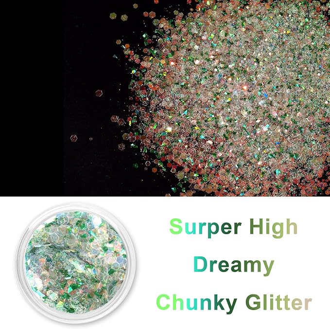 Renfio Opal Chunky Glitter, 1.75oz/50g Green Glitter, Dreamy High Sparkle - Image 2