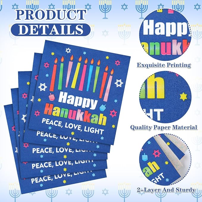 60 Pcs Happy Hanukkah Cocktail Paper Napkins 6.5 x 6.5 Inches Disposable Paper - Image 3