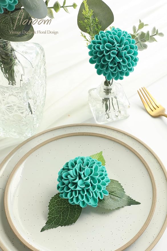 Floroom Artificial Dahlia Flowers 25pcs Real Looking Teal Green Foam Fake Roses - Image 4