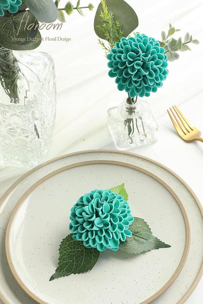 Floroom Artificial Dahlia Flowers 25pcs Real Looking Teal Green Foam Fake Roses - Image 4