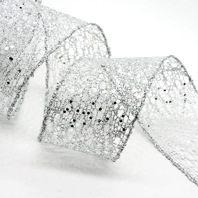 CT CRAFT LLC Sparkling Glitter Mesh Wired Ribbon 2.5" x 10 Yards Silver - Image 4
