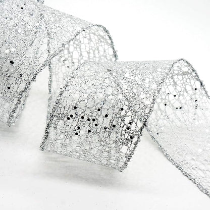 CT CRAFT LLC Sparkling Glitter Mesh Wired Ribbon 2.5" x 10 Yards Silver - Image 4