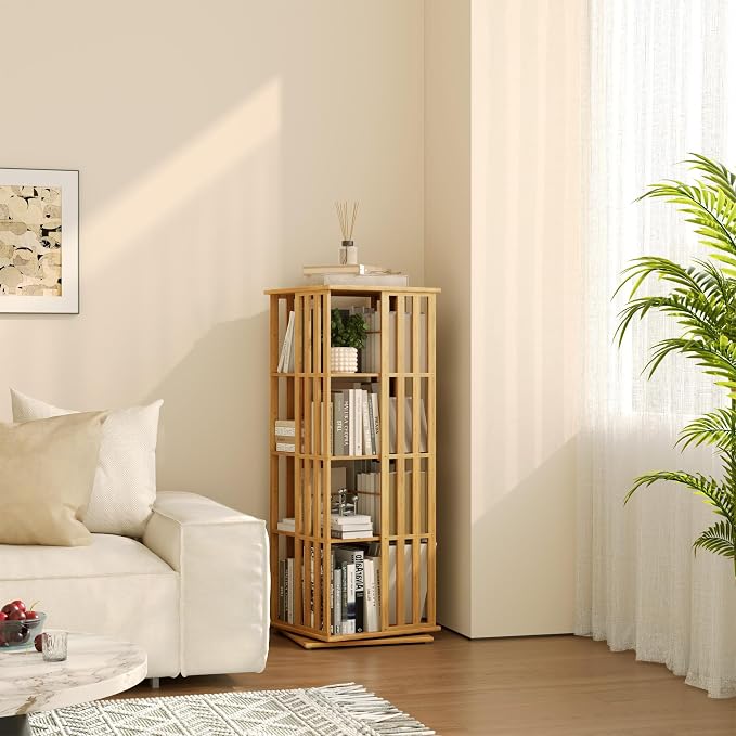 YOWOS Rotating Bookshelf Tower, 360 Display Spinning Bookcase, Bamboo Bookshelf - Image 4