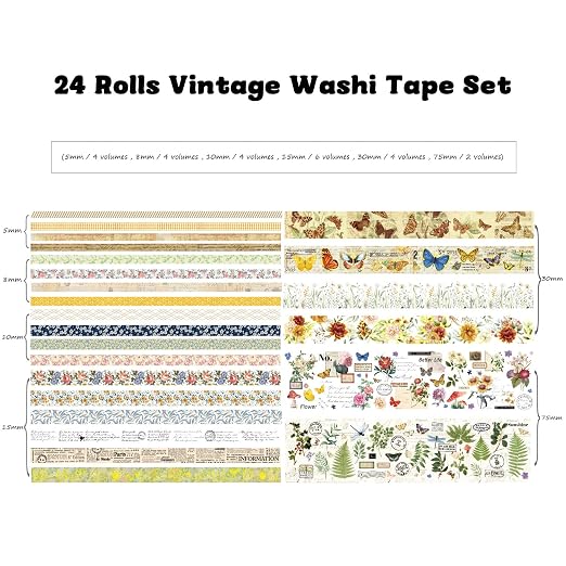 24 Rolls Vintage Washi Tape Set, Floral Letter Butterfly Mushroom Botanical - Image 3