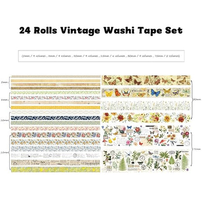 24 Rolls Vintage Washi Tape Set, Floral Letter Butterfly Mushroom Botanical - Image 3