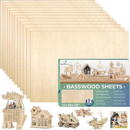 12 Pack 12x18x1/8 Inch Basswood Sheets, MAPRIAL Smooth 3mm Plywood by MAPRIAL