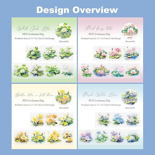 Lotus Pond PET Tape Set, 4 Rolls Pre-Cut Floral Stickers - Image 4