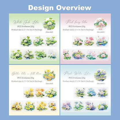 Lotus Pond PET Tape Set, 4 Rolls Pre-Cut Floral Stickers - Image 4