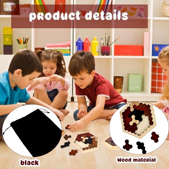 6 Pack Wooden Hexagon Tangram Puzzle Wood Tangram Block Puzzle Set - Image 3
