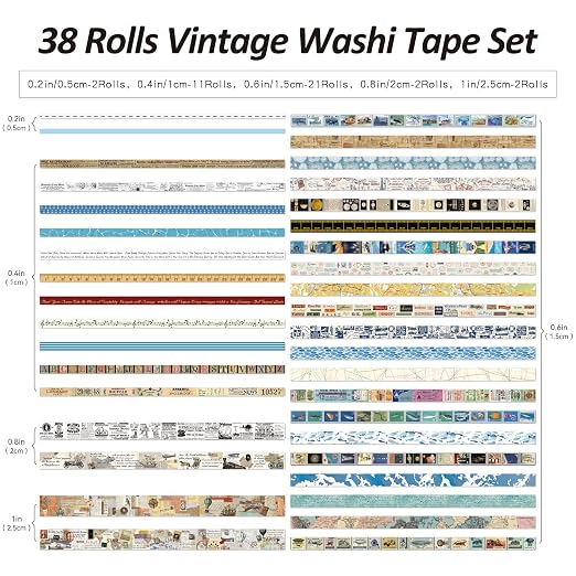 38 Rolls Vintage Washi Tape Set, Vintage Travel Stamp Map Scenery Art Letter - Image 3