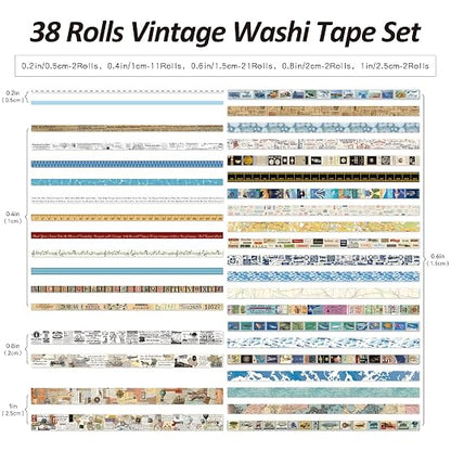 38 Rolls Vintage Washi Tape Set, Vintage Travel Stamp Map Scenery Art Letter - Image 3