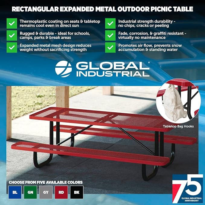 Global Industrial 6’L Rectangular Picnic Table, Expanded Metal, Attached Benches - Image 3